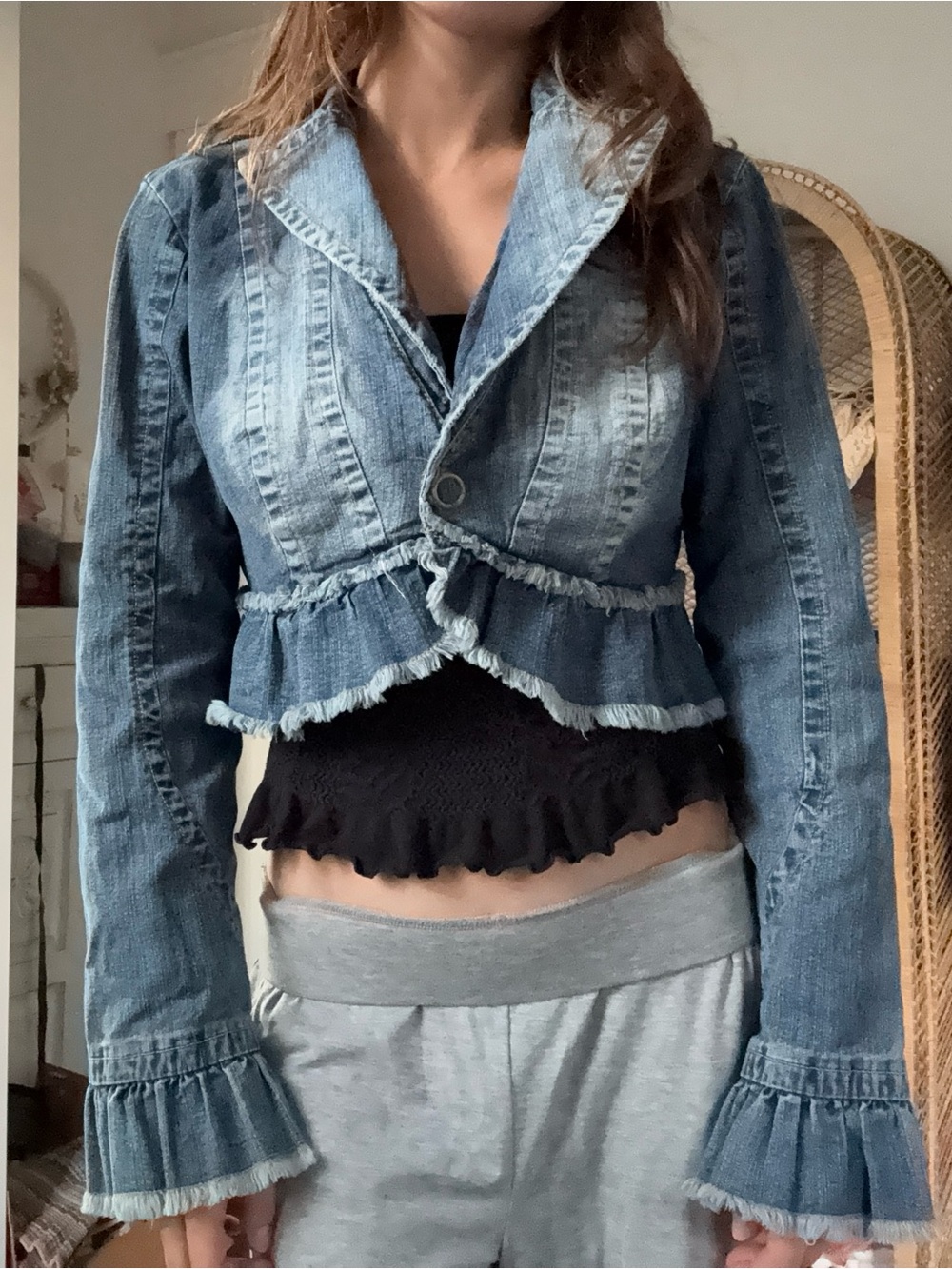 Y2K Crop Denim Jacket Flared Ruffle Sleeve Peplum Frayed Blue M